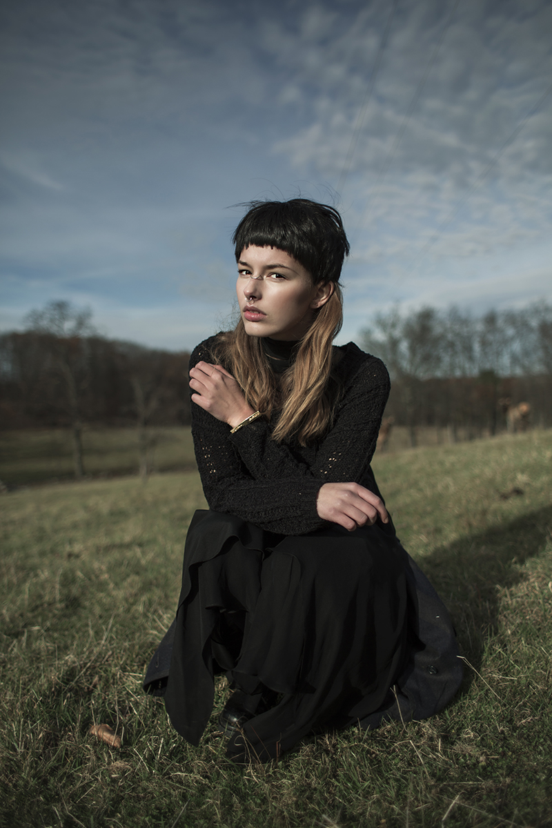 Turtleneck: Black'D, Sweater: Suss, Jacket: Objects Without Meaning, Dress: Rosari, Earrings: Erica Weiner, Boots: Dr. Marten