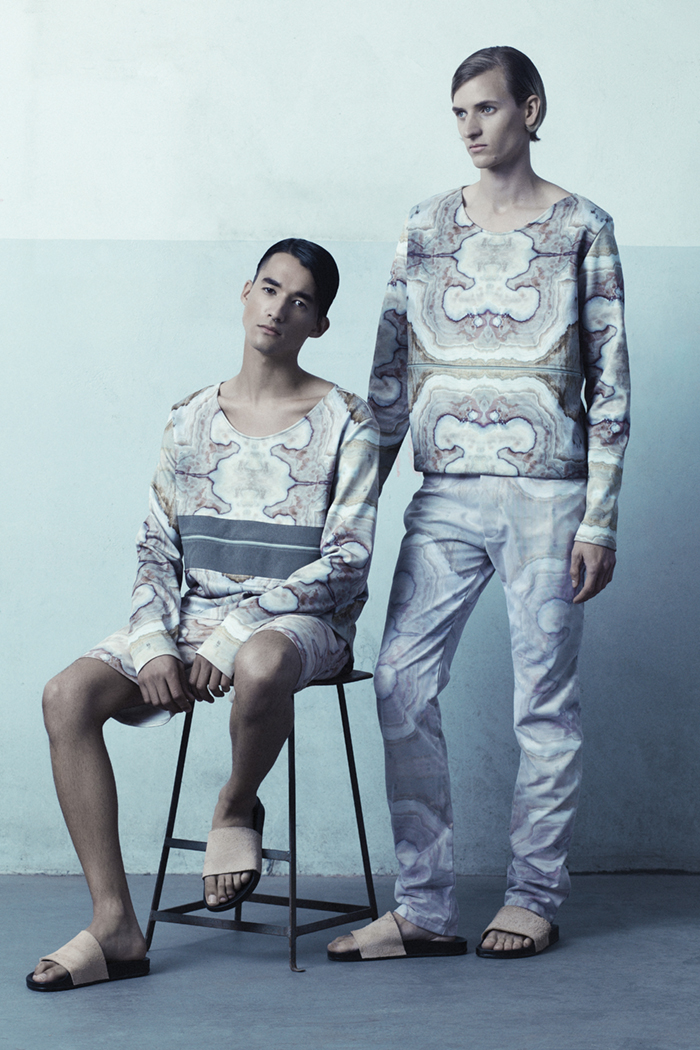 KURT (LEFT) Long sleeve print top : Jenevieve Lyons Printed Shorts : Jenevieve Lyons Sandals : Merwe Mode GAVIN (RIGHT) Long Sleeve print top : Jenevieve Lyons Print trousers : Jenevieve Lyons Sandals : Merwe Mode