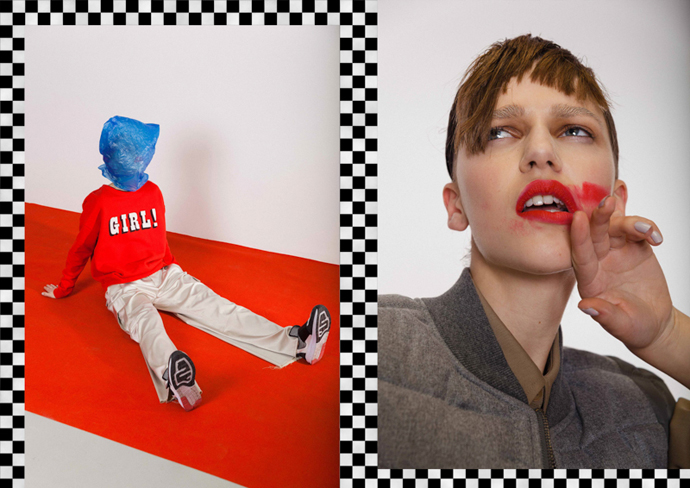 left: Girl Jumper: Scotch & Soda Trousers: Point Blank Trainers: Ming Studio Right: all items by Wood Wood