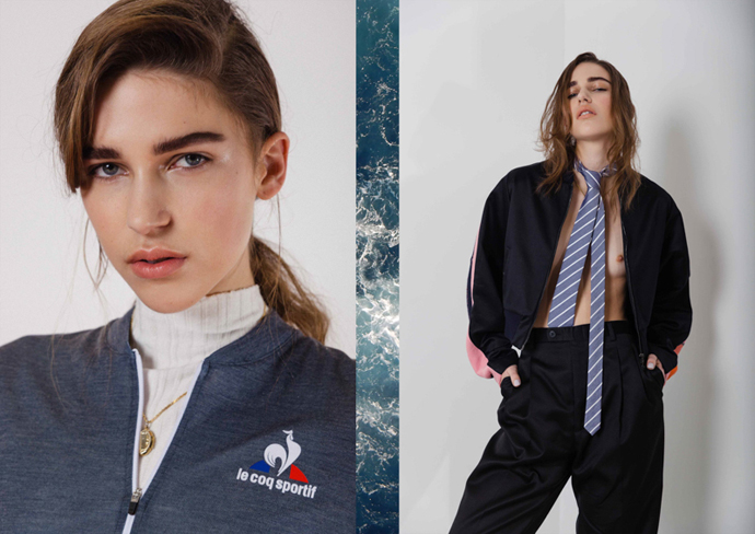 left: White Roll neck: UNIF T Shirt: Le Coq Sportif right: Jacket: Minki Cheng Tie: stylist own Shoes: G.H Bass&Co 