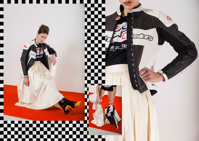 Biker Jacket: AlpineStars T Shirt: AlpineStars Skirt: Point Blank Socks: Stance 