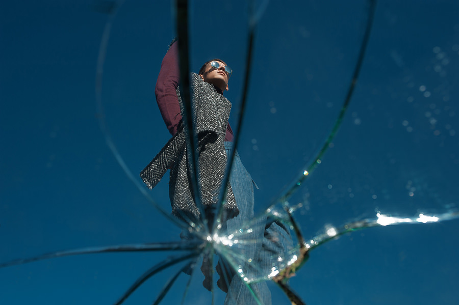 Blue sweatshirt - Vadim Merlis (podium collection fall winter 2016-2017) Black and gray coat - Vadim Merlis (podium collection fall winter 2016-2017) Black and gray pants - Vadim Merlis (podium collection fall winter 2016) 