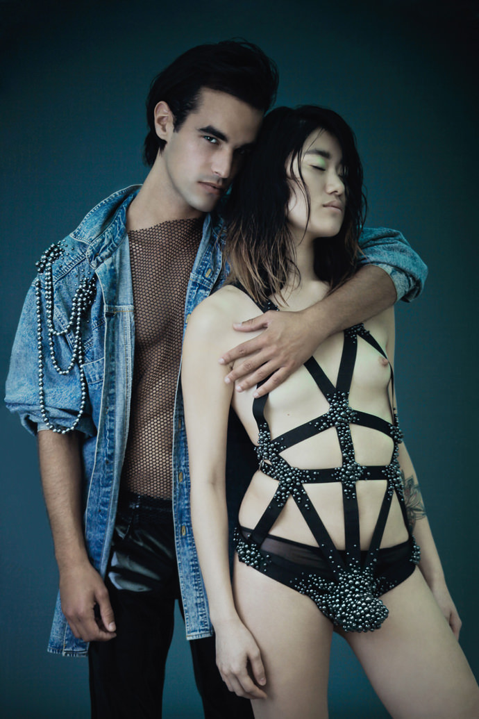 Embroidered jean shirt,fishnet tee by Vintage rtp Vynil trousers by Versace , stripes body by Romain Thevenin.