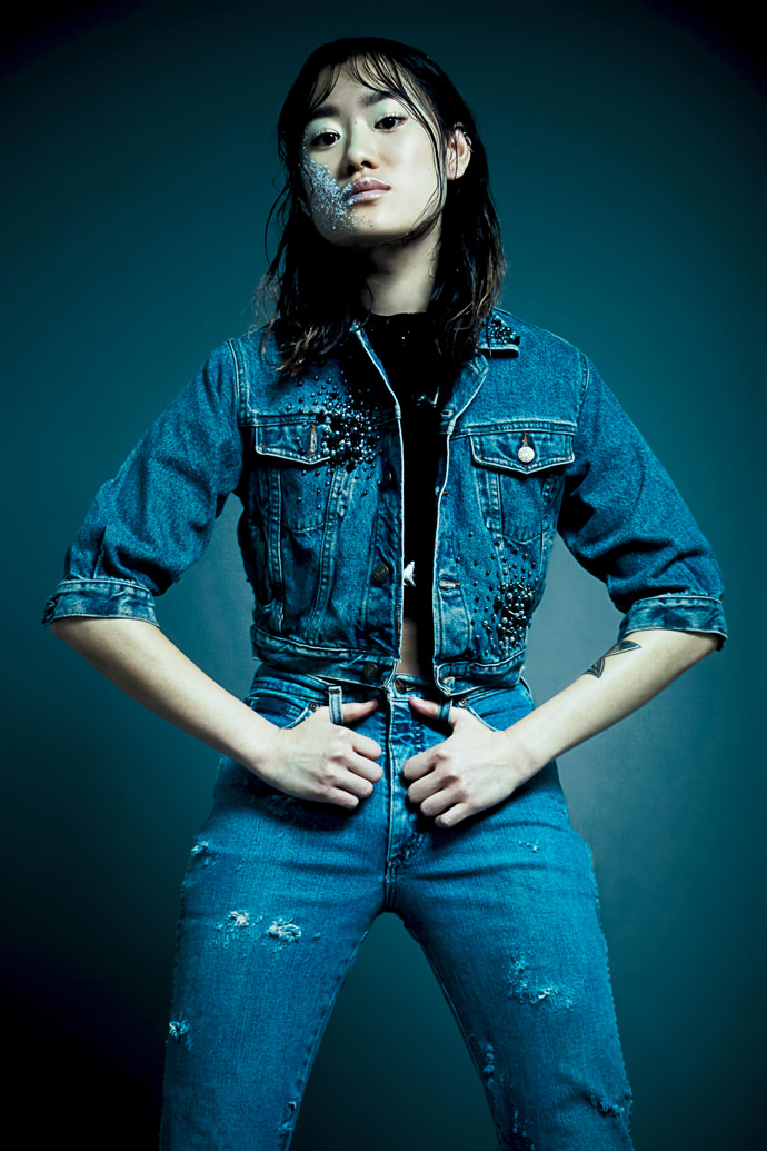 Leather bow tie with hematite beads & vynil crop top by Romain Thevenin Jeans jacket & trousers with embroideries VINTAGE RTP