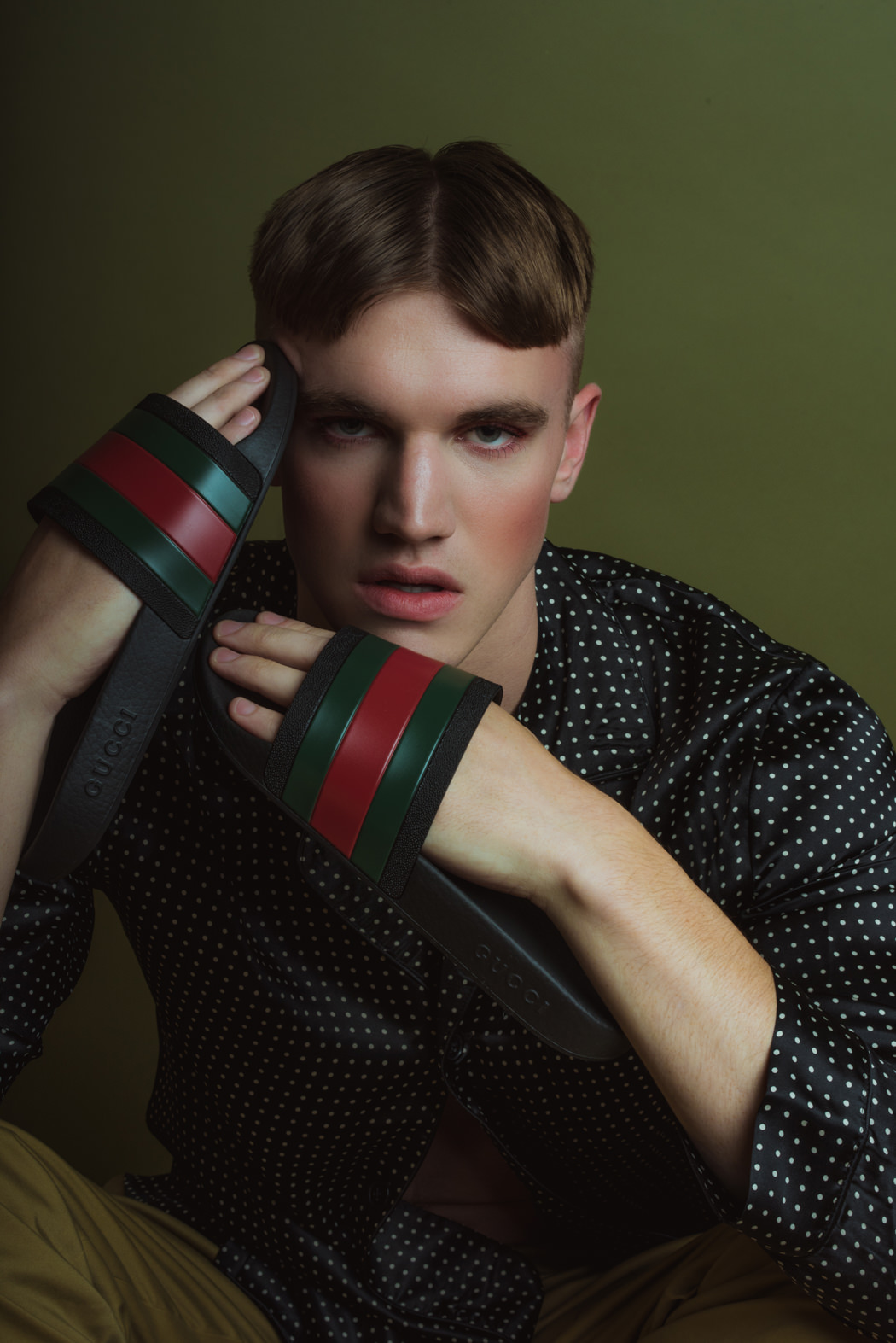 Silk Pajamas by Sterling Majestic Chino's by Dickies Slides by Gucci Wrist Cuff by The Sum 