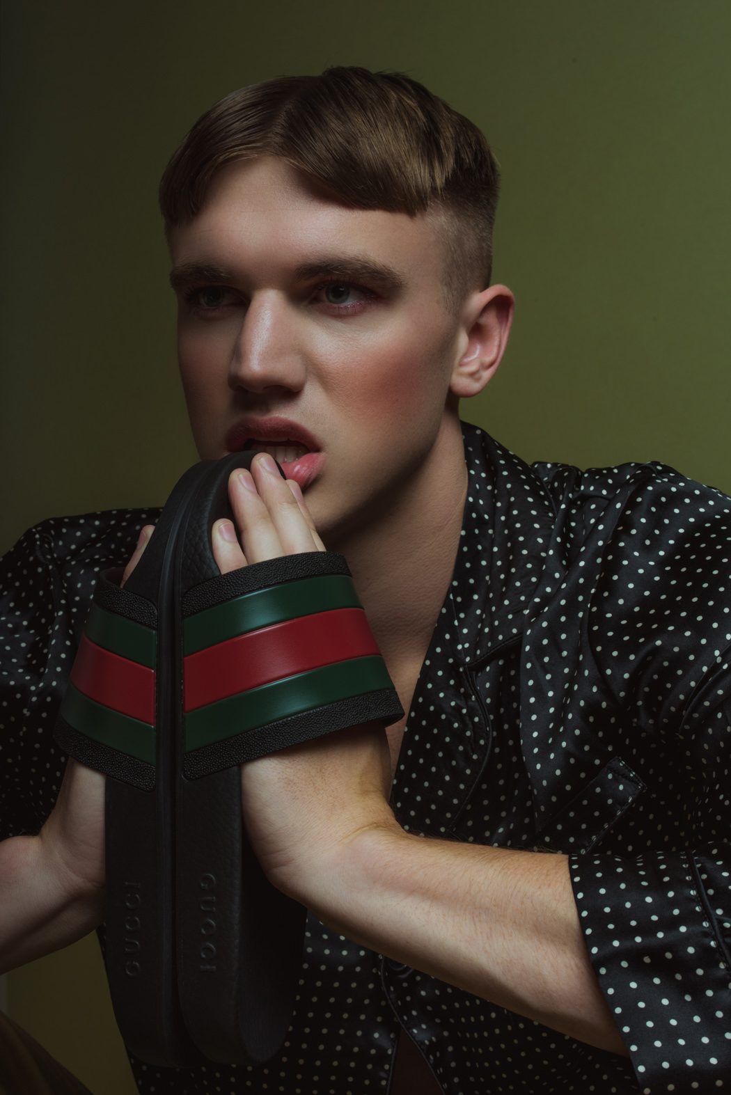 Silk Pajamas by Sterling Majestic Chino's by Dickies Slides by Gucci Wrist Cuff by The Sum 