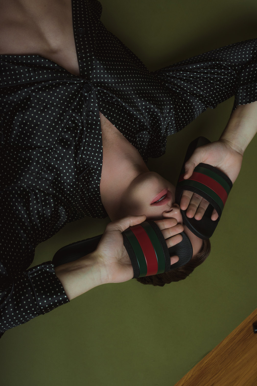 Silk Pajamas by Sterling Majestic Chino's by Dickies Slides by Gucci Wrist Cuff by The Sum 