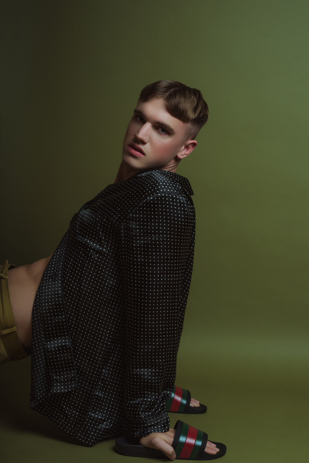 Silk Pajamas by Sterling Majestic Chino's by Dickies Slides by Gucci Wrist Cuff by The Sum 