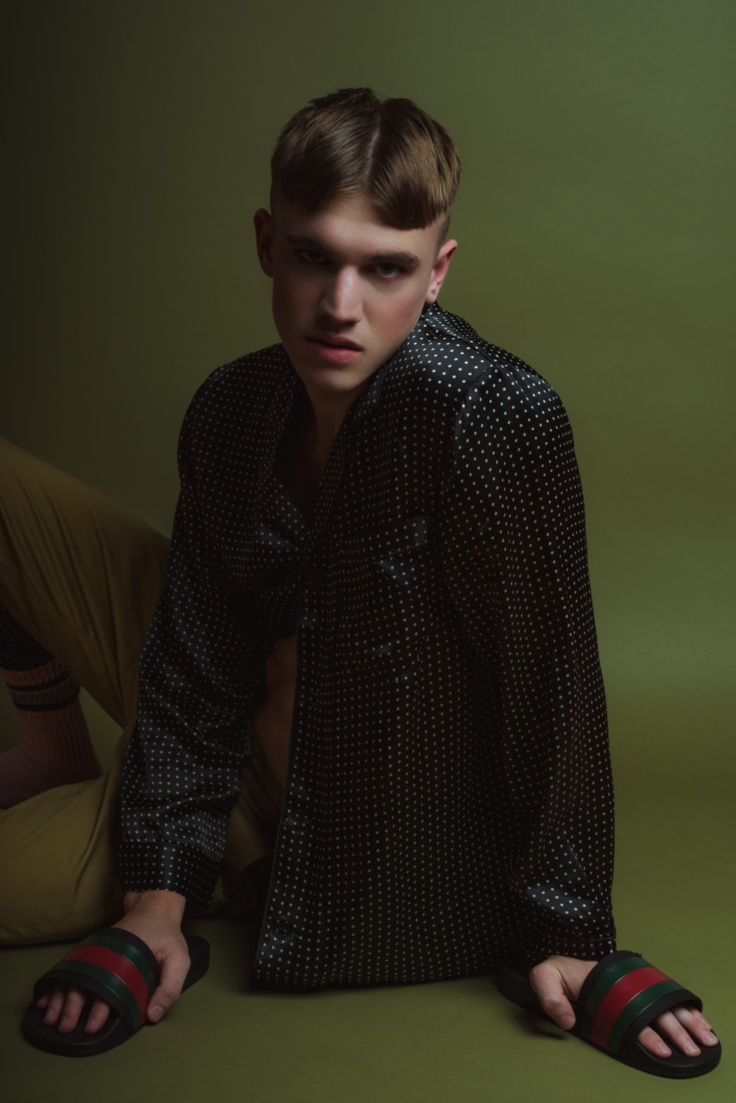 Silk Pajamas by Sterling Majestic Chino's by Dickies Slides by Gucci Wrist Cuff by The Sum 