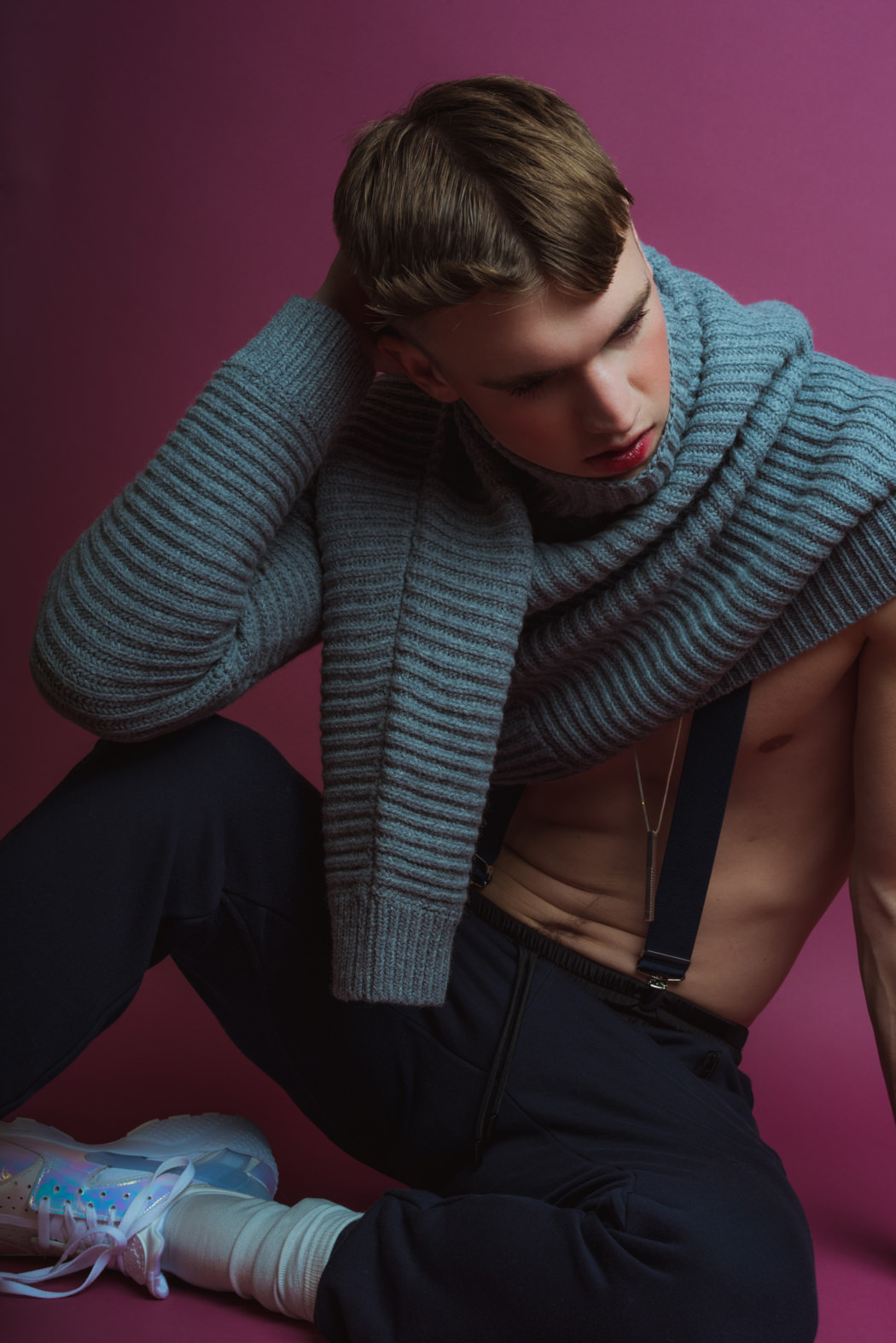 Turtleneck by Acne Studios Pants by The Kooples Pendant by The Sum Suspenders Models Own 