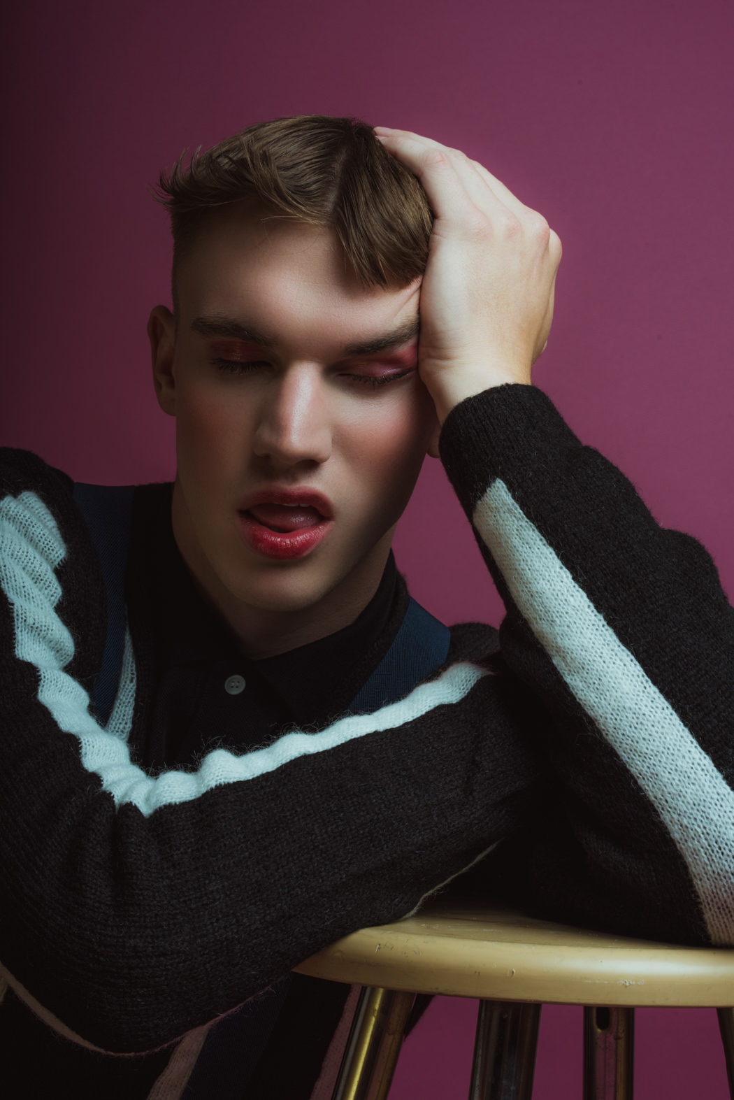 Pants by Raf Simons Polo by Comme Des Garcon Play Cardigan by Top Man Wrist Cuff by The Sum Boots by Wood-Wood Suspenders Models Own